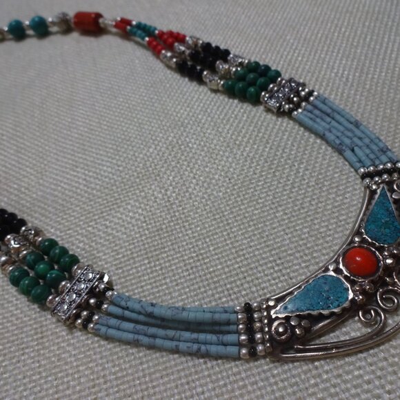 Tribal TURQUOISE, RED CORAL & BLACK BEADS Handmade Sterling 925 Necklace #560C - Picture 2 of 4